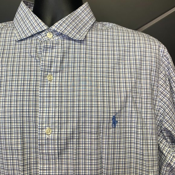 -Used! Mens Ralph Lauren Polo Blue Grey Checkered Long Sleeve Button Up Size XL - Picture 2 of 4